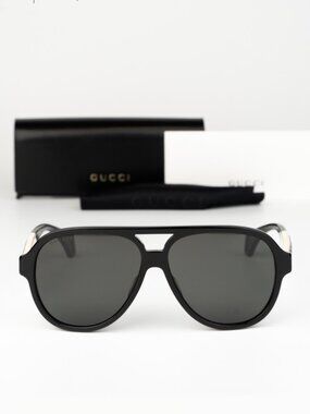 Gucci Men Sunglasses Black White Grey Pilot GG0463S 002 NEW AUTHENTIC